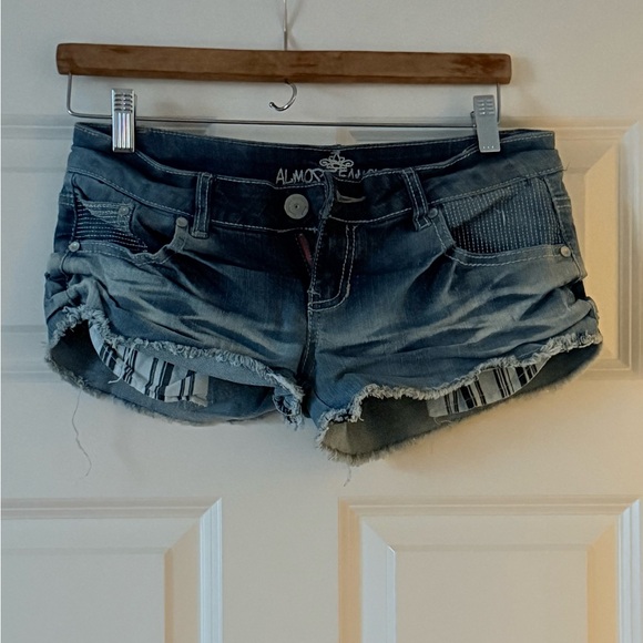 Almost Famous Pants - Almost Famous Distressed Blue Denim Shorts with Striped Pocket Trim